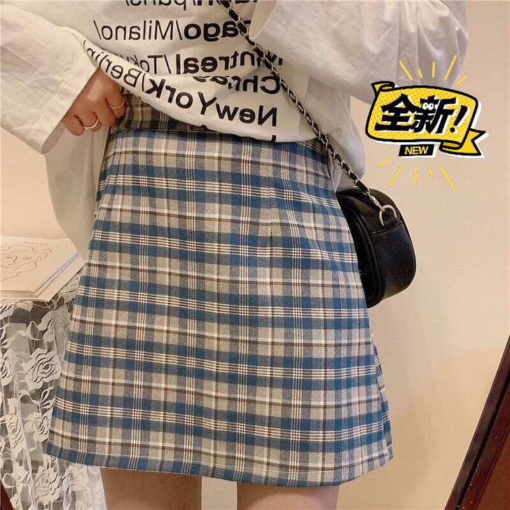 格子短裙女高腰A字半身裙防走光复古包臀裙百...