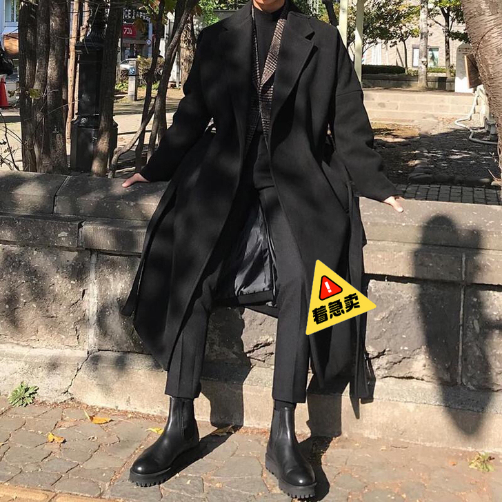日系风衣男过膝长款加厚保暖呢大衣男潮