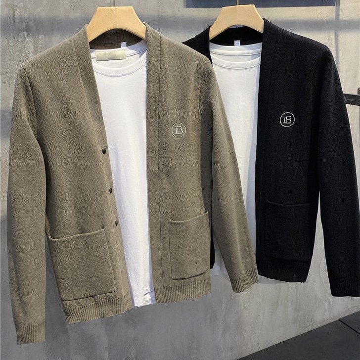 秋季针织开衫男士外套商务休闲刺绣短款风衣韩...