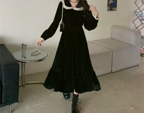 大码秋冬新胖mm法式少女风海军领蕾丝拼接丝...