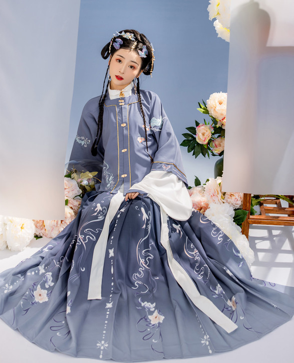 玉术原创汉服女繁花似锦明制方领半袖齐腰褶裙...