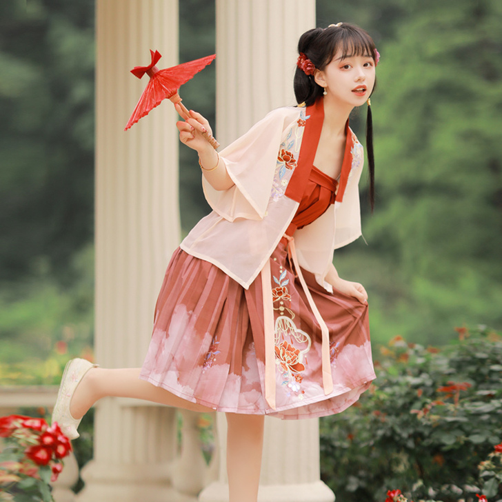 原创正品汉服女宋制褙子吊带汉元素齐腰褶裙短...