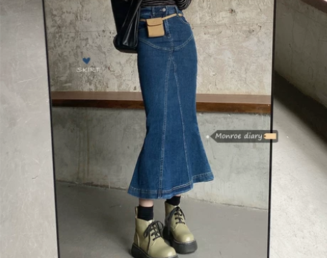 复古牛仔半身裙女春秋季中长款鱼尾裙2021...