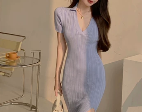 港风法式V领针织连衣裙子女2021年夏季修...