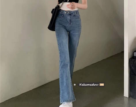 小心机后开叉直筒牛仔裤女2021年新款高腰...