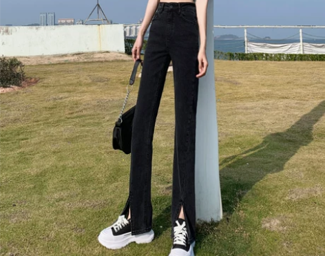 高腰黑色开叉牛仔裤女2021年新款夏季阔腿...
