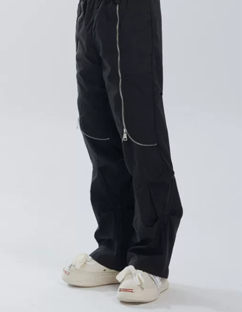 金属朋克拉链喇叭休闲裤 不规则松紧长裤 高...