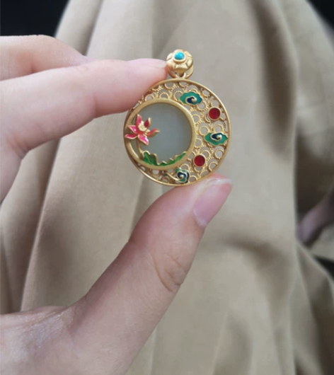 和田玉项链 吊坠 银铸金 银鎏金 景泰蓝古...