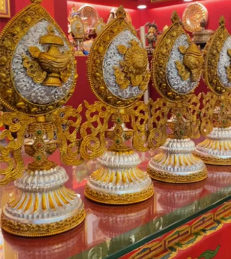 尼泊尔紫铜纯手工鎏金银双面立体八吉祥摆件 ...