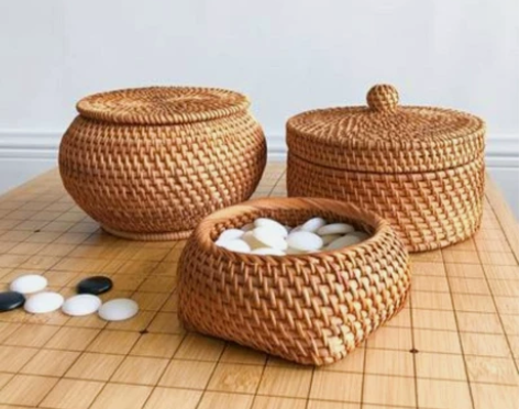 手工藤编收纳盒围棋罐围棋盒棋子篮家用小物品...