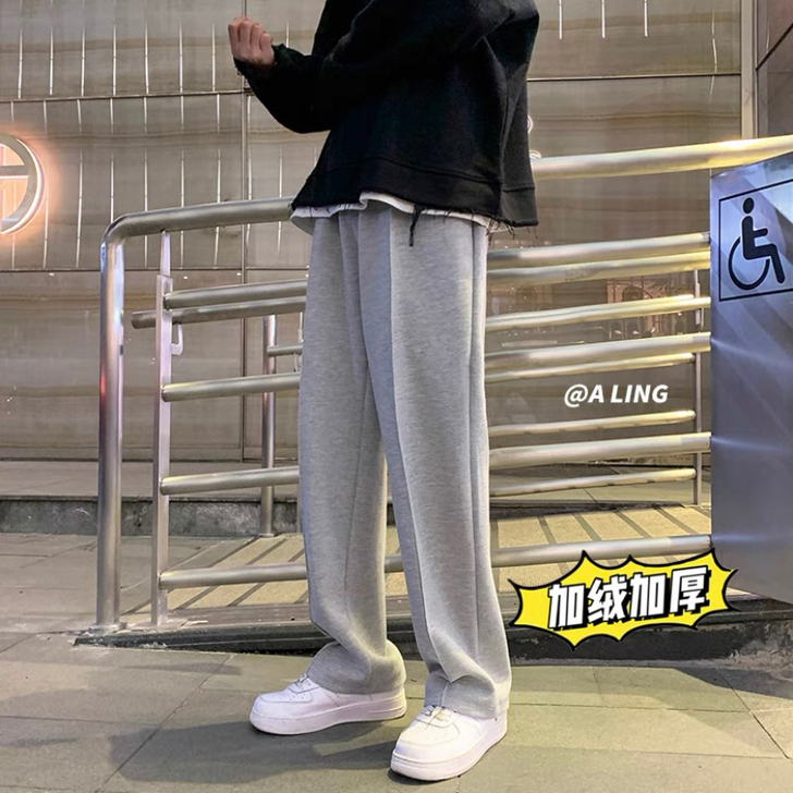 加绒卫裤男宽松潮牌阔腿灰色运动裤男秋冬韩版...