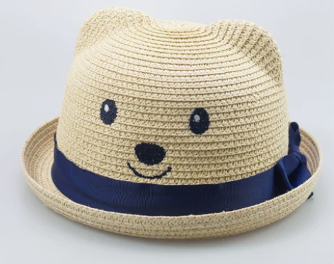婴儿草帽遮阳帽薄款男童女宝宝草帽小熊沙滩帽...