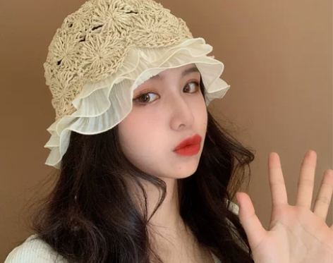 蕾丝草帽女春秋海边沙滩帽薄款透气防晒遮阳镂...