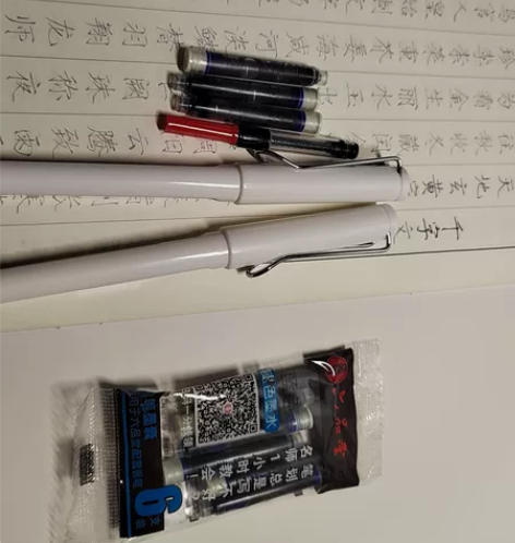 二只钢笔，外送两袋可携带墨水外加二个吸墨器...