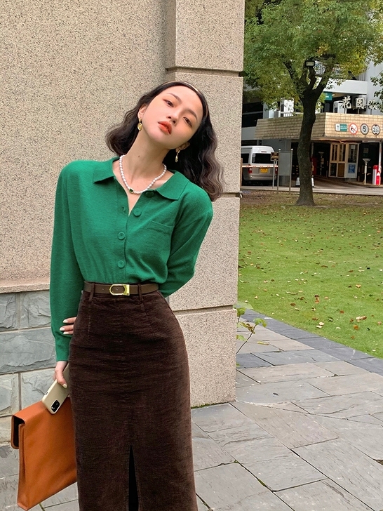 酒午港风复古秋冬新款灯芯绒开叉半身裙高腰A...