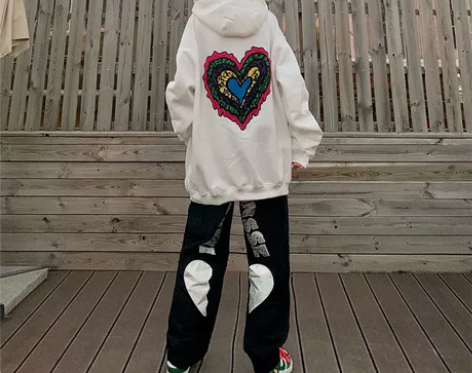高街美式hiphop裤子宽松爱心牛仔裤男嘻...
