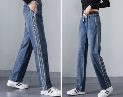 休闲牛仔裤女直筒宽松高腰显瘦冬季加绒女裤松...