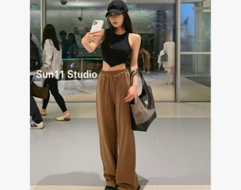 SUN11 棕色美式复古运动裤女夏季薄款裤...