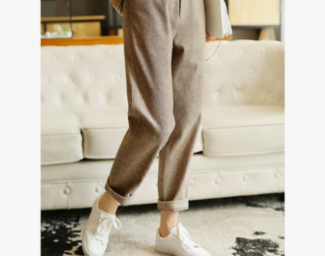 版型太牛！不起球！显瘦复古人字纹羊毛呢长裤...