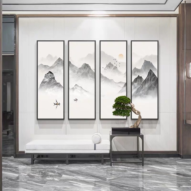 新中式酒店背景墙装饰画山水寓意客厅玄关走廊...