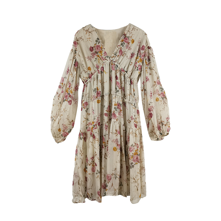 V领日系温柔碎花连衣裙泡泡袖抽绳短裙子