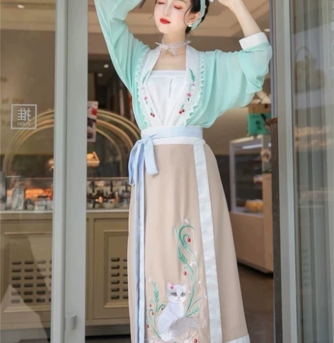 汉旭招财猫汉服女宋制对襟旋裙短衫日常飞机袖...