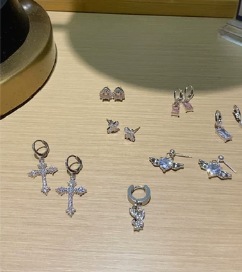 甜美铜针AAA锆石十字架组合镶钻精致耳钉耳...