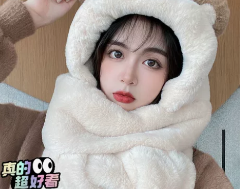 韩版小熊帽子围巾一体女新款2022新款秋冬...