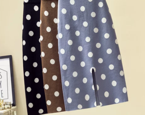 波点针织半身裙女秋冬新款韩版高腰包臀开叉一...