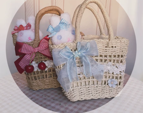 原创自制Lolita元素藤包玩偶兔篮子手提...
