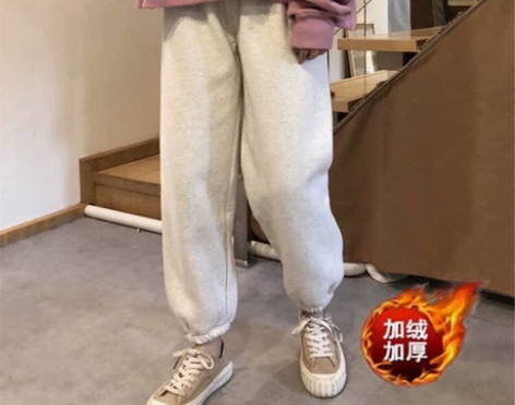 裤子女学生韩版宽松秋冬束脚裤松紧腰加绒加厚...