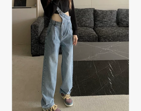 设计感单肩背带牛仔裤女春季韩版百搭高腰显瘦...