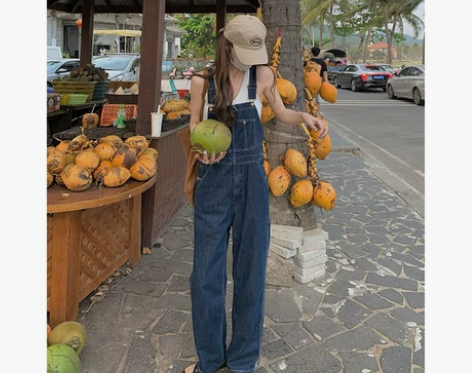 ?白水女 减龄背带牛仔裤女春夏季宽松显瘦设...