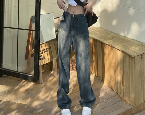 美式复古高腰牛仔裤女宽松直筒2022夏季新...