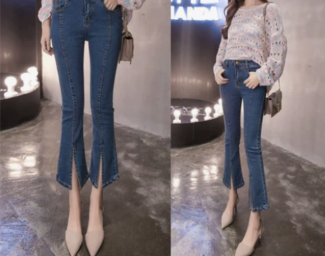 145矮个子春夏洋气显高七分微喇牛仔裤女八...