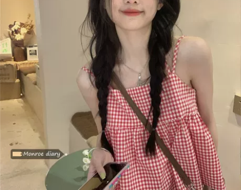 红色甜美可爱格子吊带背心女内搭夏季小众外穿...