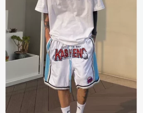卡盛拼接字母刺绣短裤男夏季国潮美式复古运动...