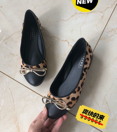 特价清 真皮拼接马毛平底圆头蝴蝶结单鞋  ...