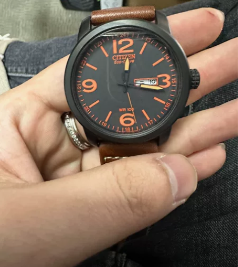 西铁城手表 光动能皮带骚橙夜光男表BM84...