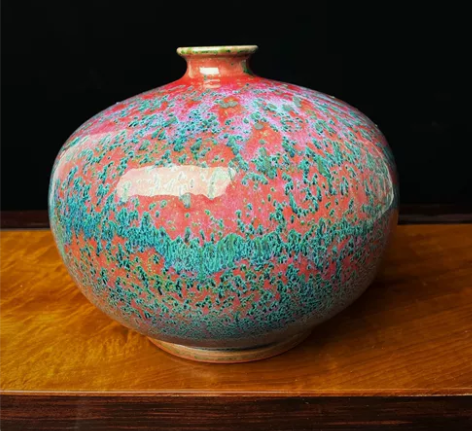 春花窑变小花器，扁腹 正玉钧窑王现锋老师作...