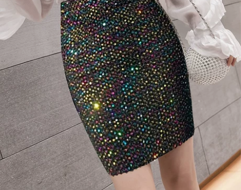 秋冬新款港味显瘦亮片弹力包臀裙高腰一步裙c...