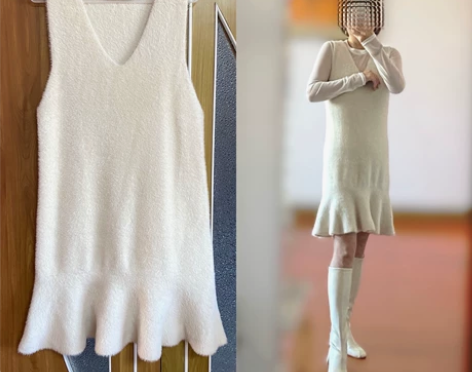 奶白色貂绒无袖V领荷叶边背心裙针织连衣裙 ...
