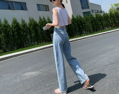 泫雅风拖地牛仔裤女春夏新款高腰显瘦阔腿裤垂...