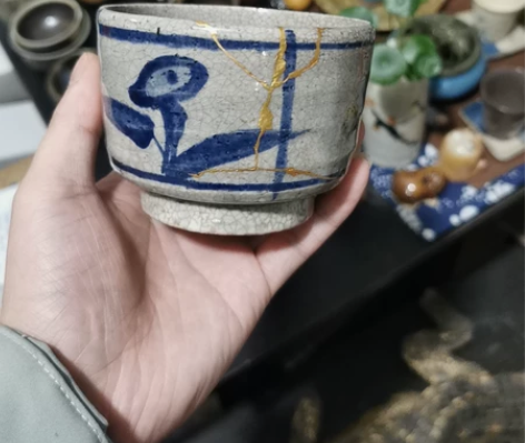 老青花茶碗～年代老物件，开片金丝铁线可养，...
