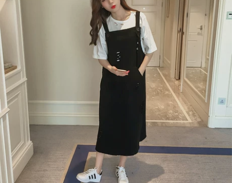 背带裙女6韩国中长款破洞宽松背带裙… ...