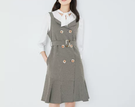 ?PRICH秋冬裙子女吊带格子法式复古连衣...