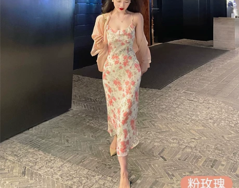 林关关纯欲风高级感吊带裙碎花连衣裙雪纺长裙...