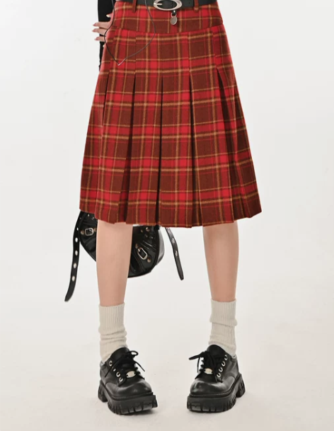 毛呢格子半身裙女秋冬高腰美式复古中长款a字...