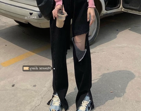 黑色破洞牛仔裤女胖妹妹mm宽松直筒显瘦开叉...