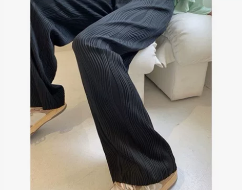 黑色条纹高腰休闲裤女直筒春秋宽松百搭显瘦阔...